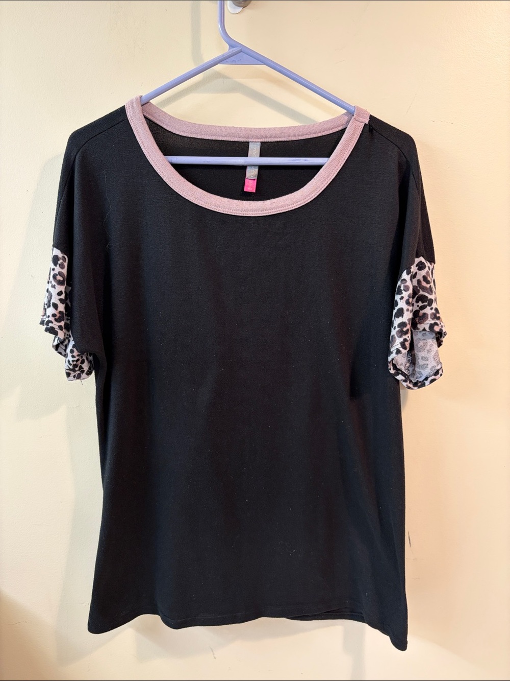Vince Camuto Black Tee with Pink Neckline and Leopard Sleeve Panels